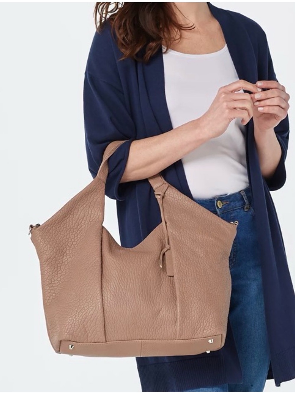 VINCE CAMUTO Taupe Convertible Lamb Pebbled Leather Pleated Large Shoulder Bag
